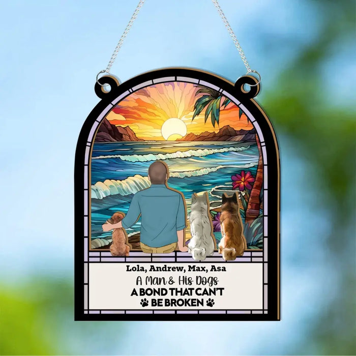 Personalized A Man & His Dogs A Bond That Can't Be Broken Suncatcher Ornament, Custom Man Sitting with Dog Window Hanging Suncatcher, Gifts for Dog Lovers