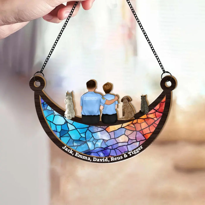 Personalized Couple and Dog Cat Sitting On The Moon Suncatcher Ornament, Custom Window Hanging Suncatcher For Couple, Couple Job Nurse Police Officer Firefighter EMS Military