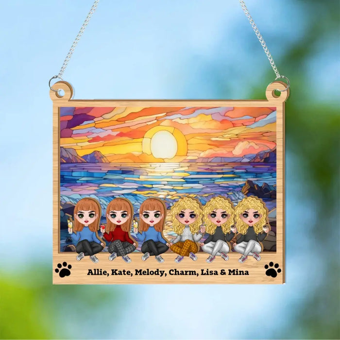 Personalized Friends Sitting At The Beach Together Suncatcher Ornament, Custom Window Hanging Suncatcher For Sisters Besties, Gift For Friends or Family