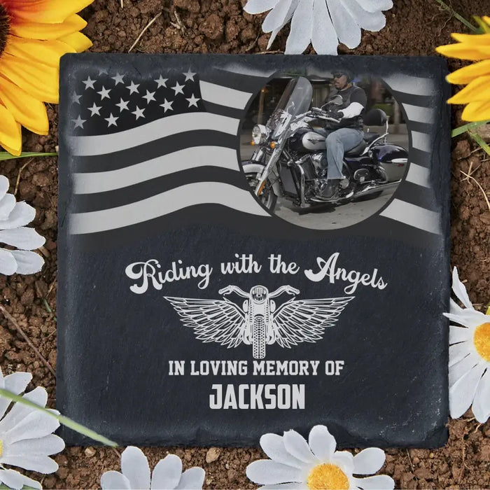 Riding With The Angels - Personalized Motorcycle Memorial Garden Stone, Motorcycle Remembrance Sympathy Gift