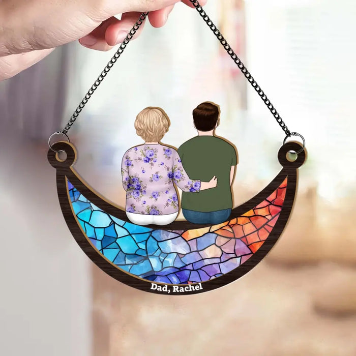 Personalized Mom and Children Sitting On The Moon Suncatcher Ornament, Custom Window Hanging Suncatcher For Mother, Grandma