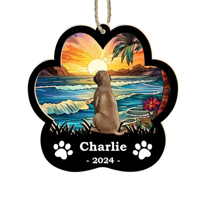 Personalized Dog Suncatcher Ornament, Custom Dog Sitting Suncatcher, Gifts for Dog Lovers