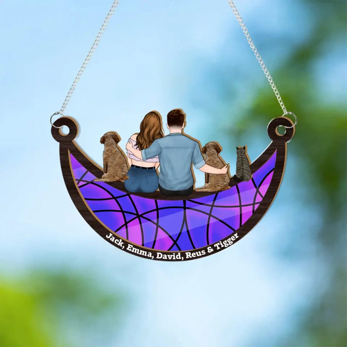 Personalized Couple And Dog Cat Sitting On The Moon Suncatcher Ornament, Custom Window Hanging Suncatcher For Couple, Pet Lovers