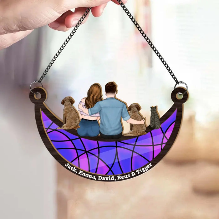 Personalized Couple And Dog Cat Sitting On The Moon Suncatcher Ornament, Custom Window Hanging Suncatcher For Couple, Pet Lovers