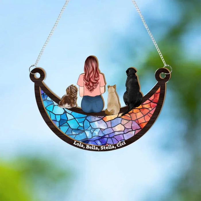 Personalized Girl And Dog Cat Sitting On The Moon Suncatcher Ornament, Custom Window Hanging Suncatcher For Her, Pet Lovers