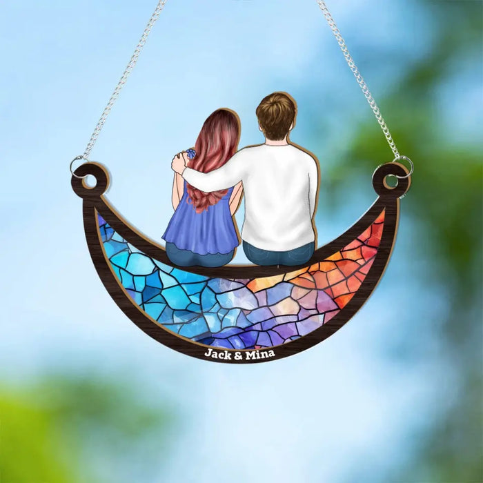 Personalized Couple Sitting On The Moon Suncatcher Ornament, Custom Window Hanging Suncatcher For Him Her, Gift For Couples or Family