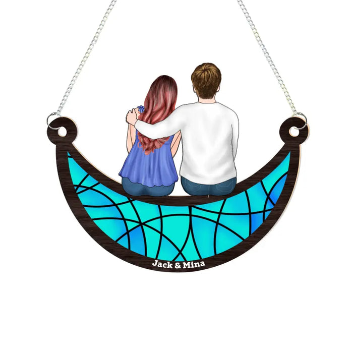 Personalized Couple Sitting On The Moon Suncatcher Ornament, Custom Window Hanging Suncatcher For Him Her, Gift For Couples or Family