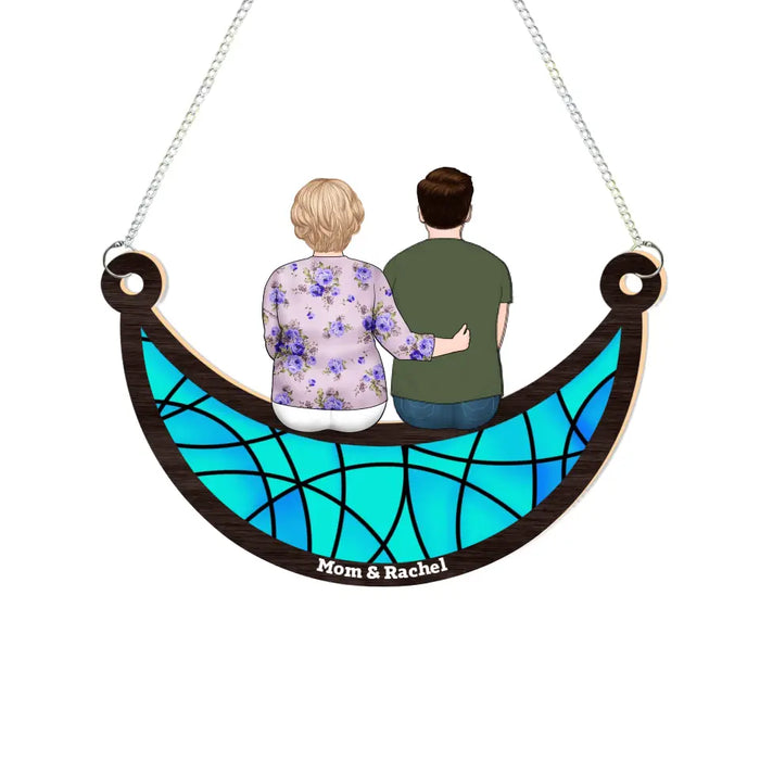 Personalized Mom and Children Sitting On The Moon Suncatcher Ornament, Custom Window Hanging Suncatcher For Mother, Grandma