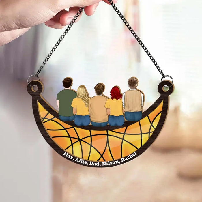 Personalized Dad and Children Sitting On The Moon Suncatcher Ornament, Custom Window Hanging Suncatcher For Father, Grandpa