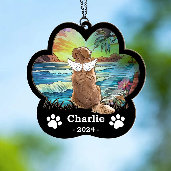 Personalized Dog Suncatcher Ornament, Custom Dog Sitting Suncatcher, Gifts for Dog Lovers