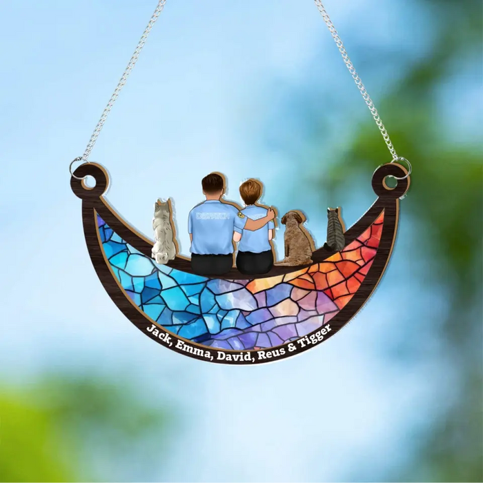 Personalized Couple and Dog Cat Sitting On The Moon Suncatcher Ornament, Custom Window Hanging Suncatcher For Couple, Couple Job Nurse Police Officer Firefighter EMS Military