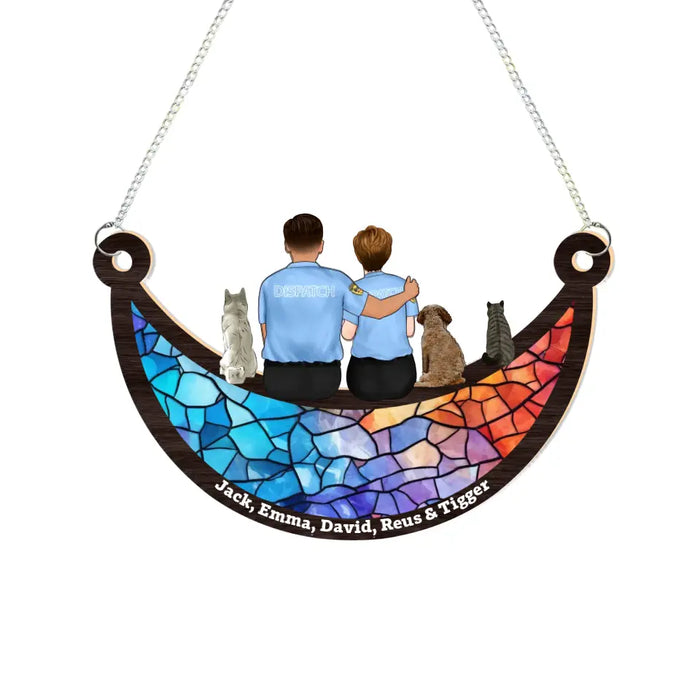 Personalized Couple and Dog Cat Sitting On The Moon Suncatcher Ornament, Custom Window Hanging Suncatcher For Couple, Couple Job Nurse Police Officer Firefighter EMS Military