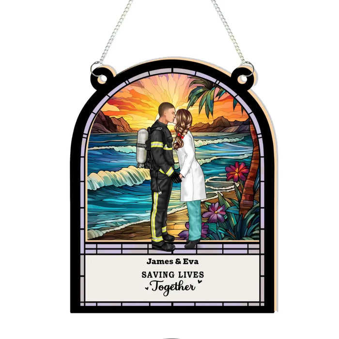 Personalized Saving Lives Together Suncatcher Ornament, Custom Window Hanging Suncatcher For Couple, Couple Job Nurse Police Officer Firefighter EMS Military