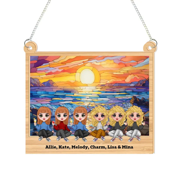 Personalized Friends Sitting At The Beach Together Suncatcher Ornament, Custom Window Hanging Suncatcher For Sisters Besties, Gift For Friends or Family