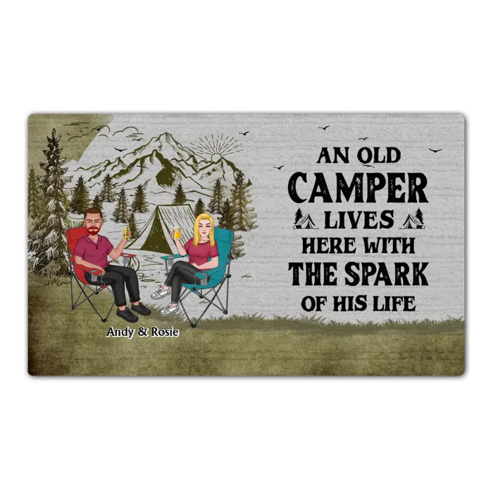 An Old Camper Lives Here With The Spark Of His Life - Personalized Gifts Custom Doormat for Couples, Camping Lovers