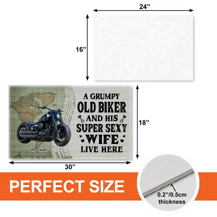 A Grumpy Old Biker And His Super Sexy Wife Live Here - Personalized Gifts Custom Upload Motorcycle Photo Doormat for Him, Motorcycle Lovers