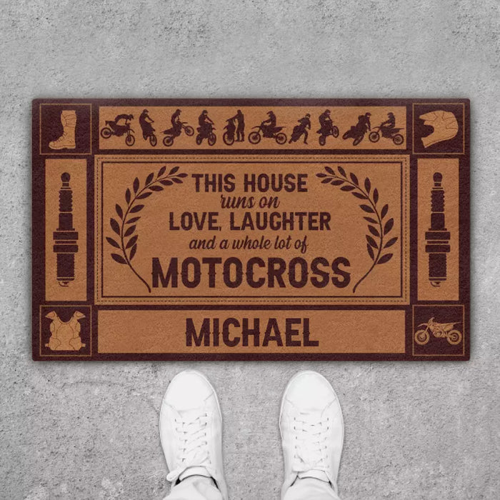 This House Runs On Love, Laughter And A Whole Lot Of Motocross - Personalized Gifts Custom Motocross Doormat for Him, Motocross Lovers