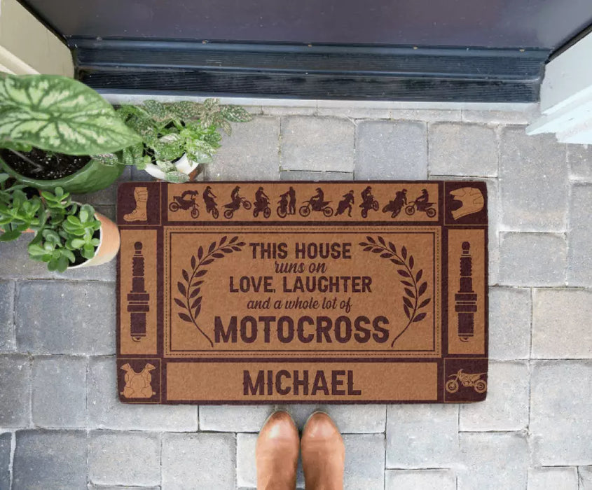 This House Runs On Love, Laughter And A Whole Lot Of Motocross - Personalized Gifts Custom Motocross Doormat for Him, Motocross Lovers