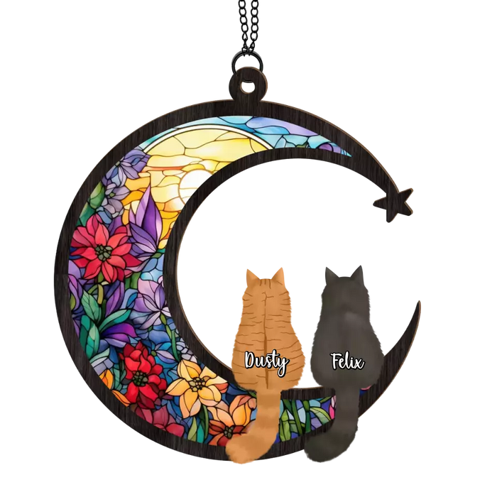 Personalized Cat Sitting on The Moon Suncatcher Ornament, Custom Window Hanging Suncatcher For Cat Lovers