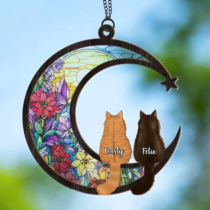 Personalized Cat Sitting on The Moon Suncatcher Ornament, Custom Window Hanging Suncatcher For Cat Lovers