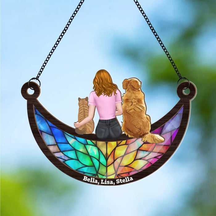 Personalized Girl and Her Pet Sitting On The Moon Suncatcher Ornament, Custom Window Hanging Suncatcher For Her, Dog Cat Lovers