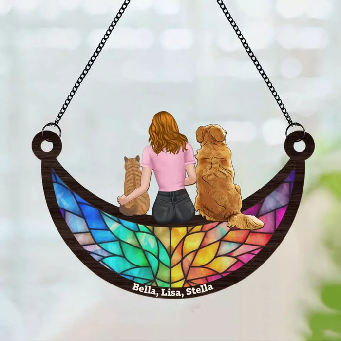 Personalized Girl and Her Pet Sitting On The Moon Suncatcher Ornament, Custom Window Hanging Suncatcher For Her, Dog Cat Lovers