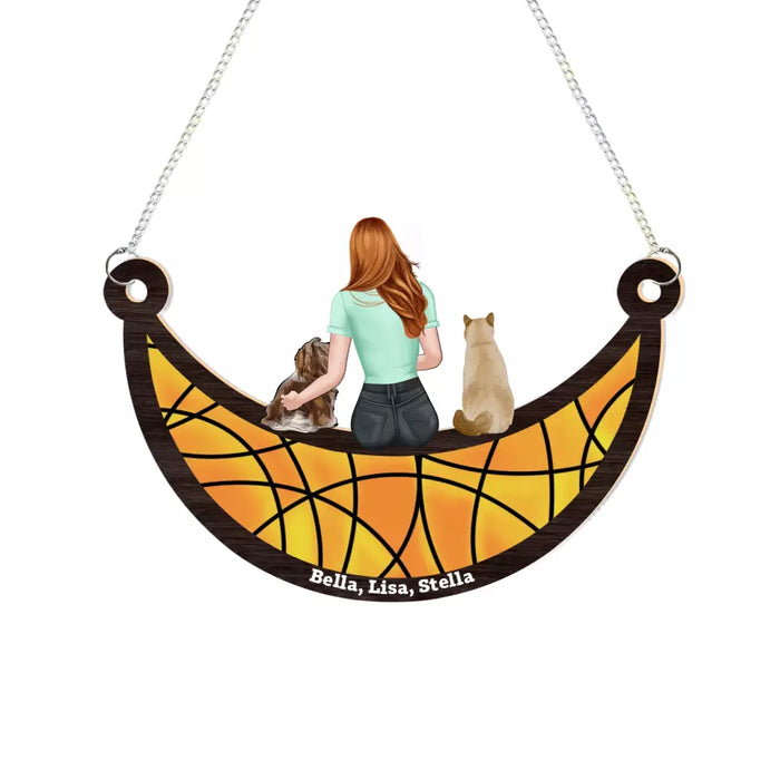 Personalized Girl and Her Pet Sitting On The Moon Suncatcher Ornament, Custom Window Hanging Suncatcher For Her, Dog Cat Lovers