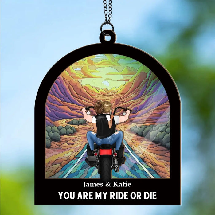 Personalized Biker Couple Motorcycle Suncatcher Ornament, Custom Window Hanging Suncatcher For Couples, Motorcycle Lovers