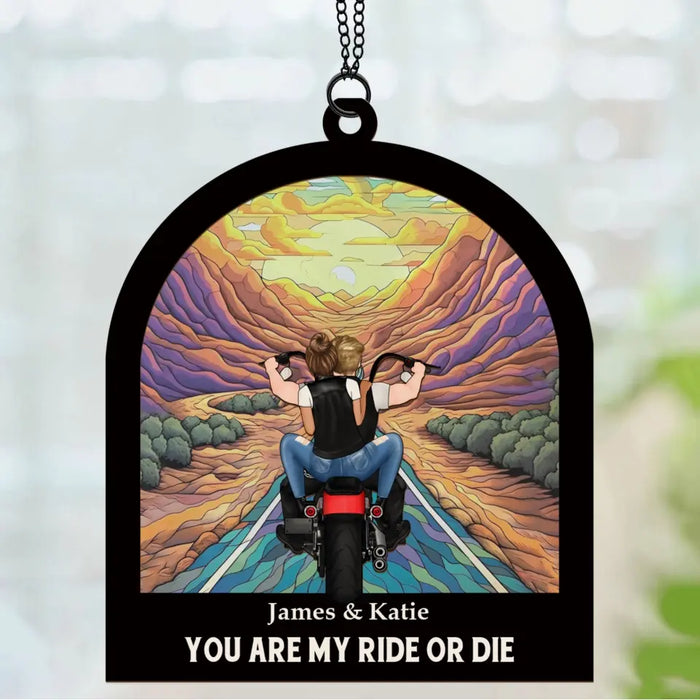 Personalized Biker Couple Motorcycle Suncatcher Ornament, Custom Window Hanging Suncatcher For Couples, Motorcycle Lovers