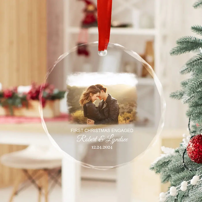 Personalized First Christmas Engaged Photo Glass Ornament, Custom Engagement Ornament, Christmas Gift for Fiance Fiancee