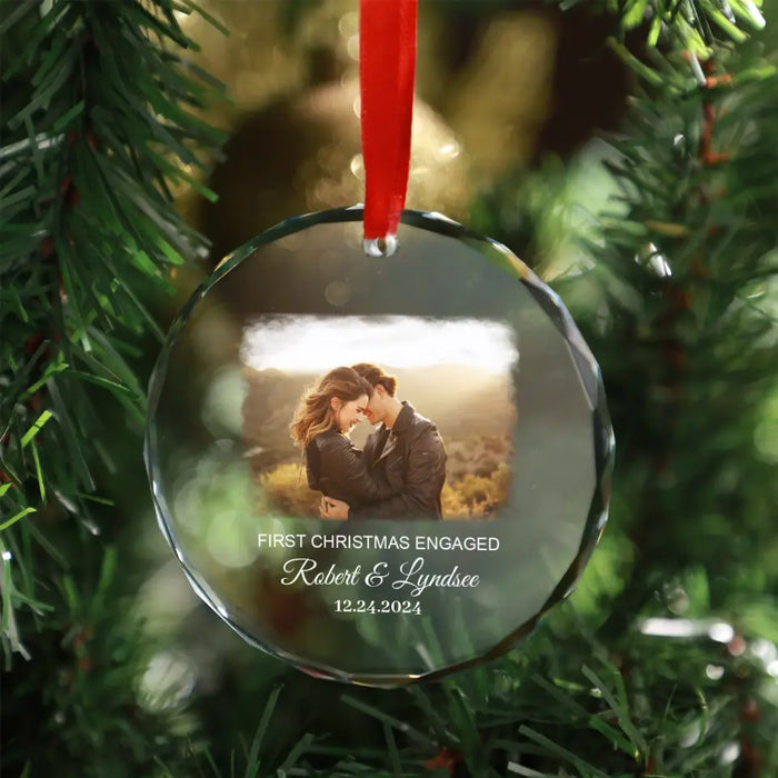 Personalized First Christmas Engaged Photo Glass Ornament, Custom Engagement Ornament, Christmas Gift for Fiance Fiancee