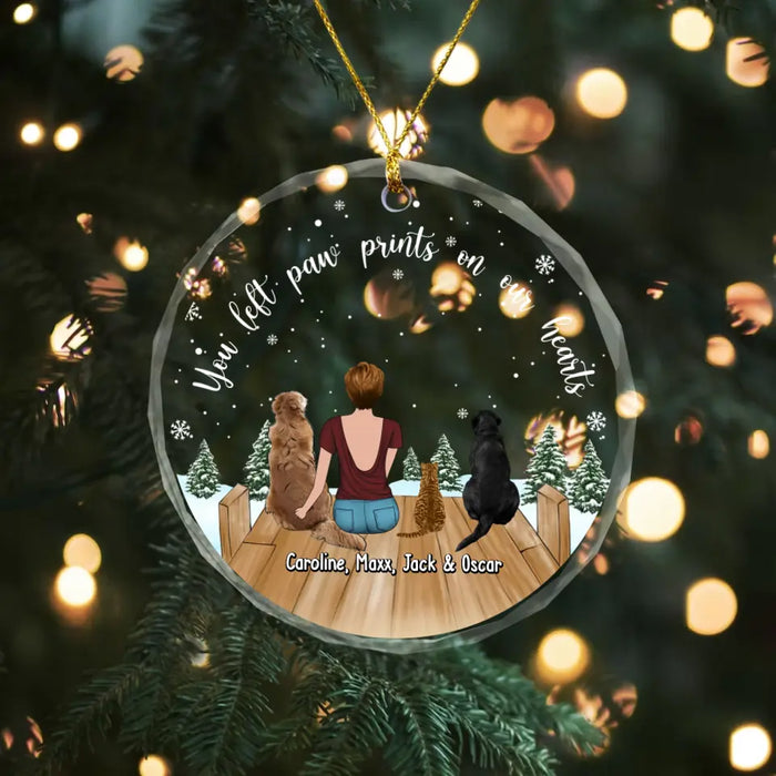 Personalized You Left Paw Prints On Our Hearts Memorial Glass Ornament, Custom Girl and Her Pet Christmas Ornament, Christmas Gift for Dog Cat Lovers