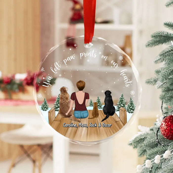 Personalized You Left Paw Prints On Our Hearts Memorial Glass Ornament, Custom Girl and Her Pet Christmas Ornament, Christmas Gift for Dog Cat Lovers