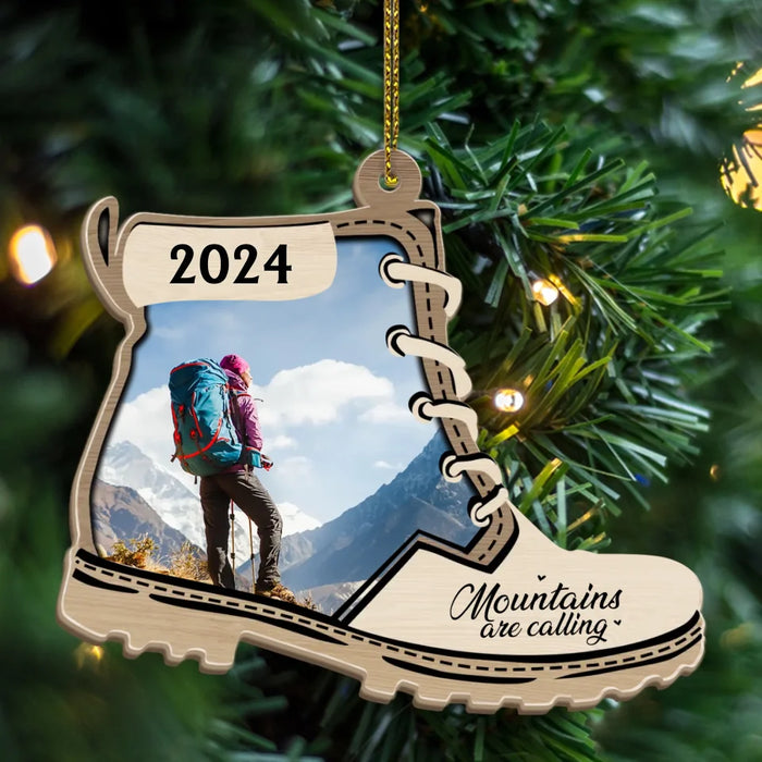 Mountains Are Calling - Personalized Christmas Photo Upload Gifts Custom Wooden Ornament for Hiking Lovers