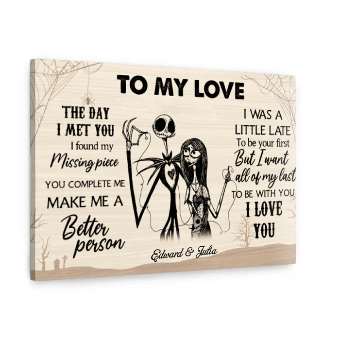 Personalized To My Love The Day I Met You I Found My Missing Piece Canvas, Halloween Couple Anniversary, Gift for Halloween, Wedding Anniversary Gift