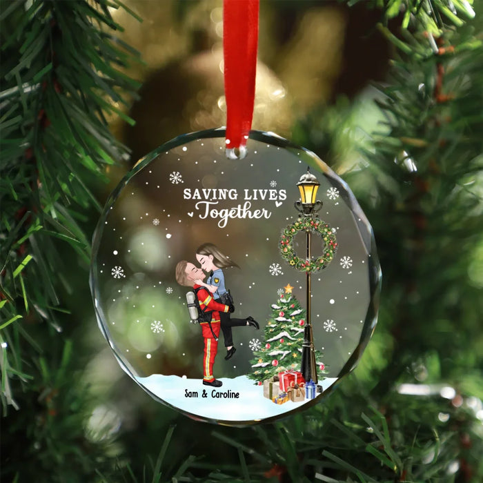 Personalized Saving Lives Together Glass Ornament, Custom Kissing Couple Christmas Ornament, Gift for First Responders