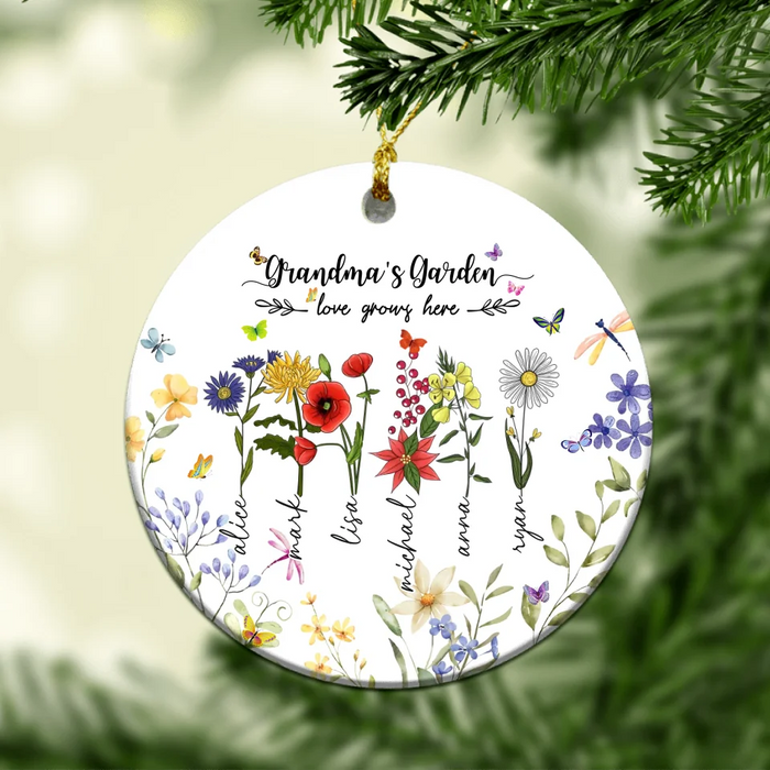 Personalized Grandma's Garden Love Grows Here Ornament, Custom Birth Month Flower Family Ceramic Ornament, Christmas Gift for Grandma Mom