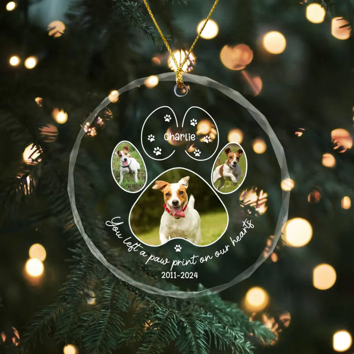 Personalized You Left A Paw Prints On Our Hearts Glass Ornament, Custom Dog Memorial Photo Ornament, Loss of Dog Sympathy Gift