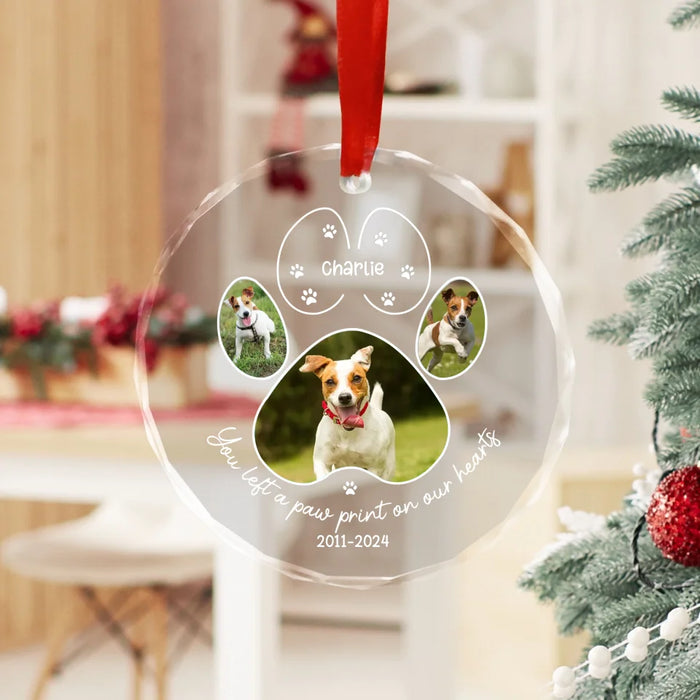 Personalized You Left A Paw Prints On Our Hearts Glass Ornament, Custom Dog Memorial Photo Ornament, Loss of Dog Sympathy Gift