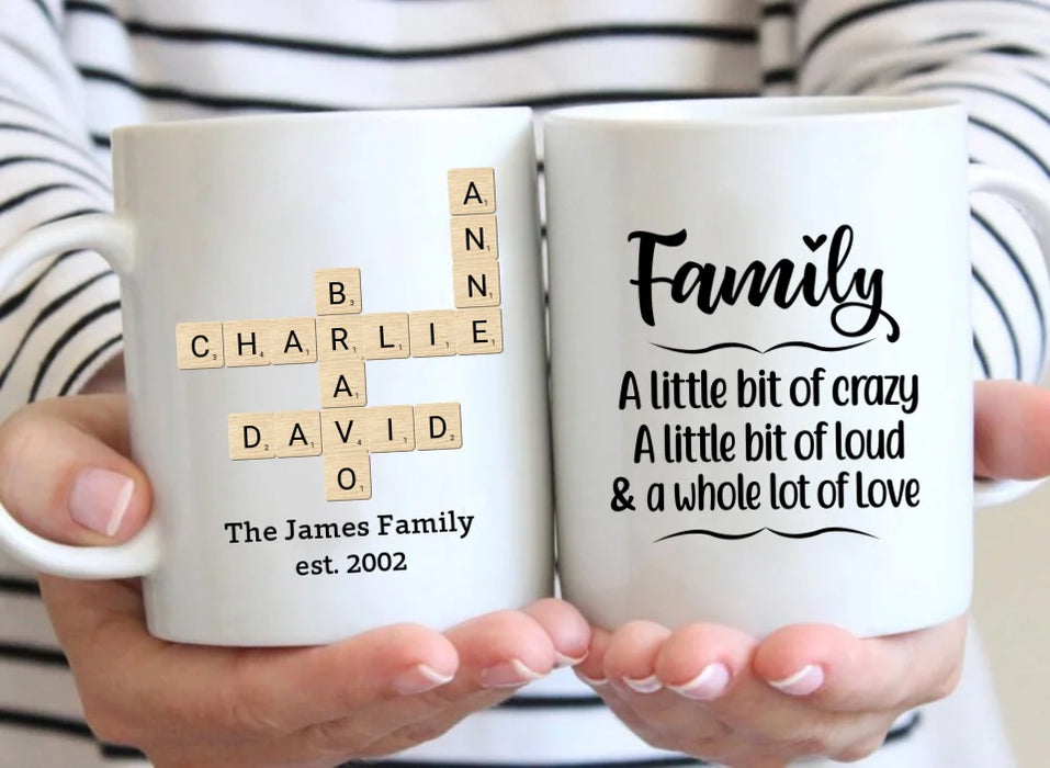 Personalized Family Crossword Art Scrabble Mug, Custom Family Scrabble Mug, Scrabble Puzzle Christmas Mug