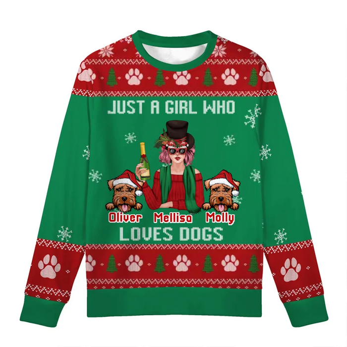 Personalized Just A Girl Who Loves Dogs Unisex Ugly Sweater, Custom Dog Christmas AOP Sweater for Dog Lovers