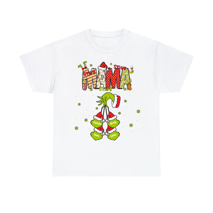 Personalized Mama Grinch Shirt, Custom Christmas Mama Kids Names Sweatshirt, Stunk Stink Stank Mama Sweater