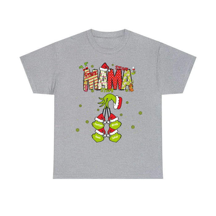 Personalized Mama Grinch Shirt, Custom Christmas Mama Kids Names Sweatshirt, Stunk Stink Stank Mama Sweater