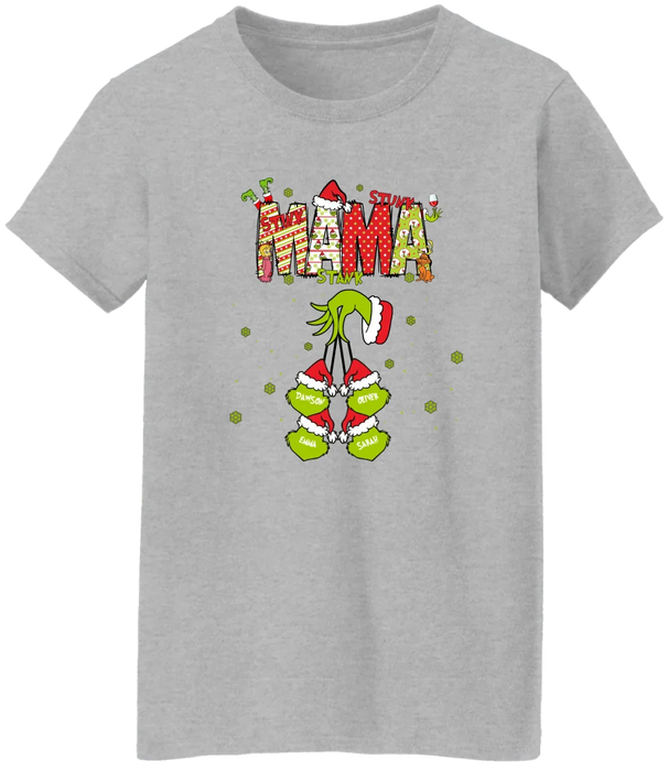 Personalized Mama Grinch Shirt, Custom Christmas Mama Kids Names Sweatshirt, Stunk Stink Stank Mama Sweater