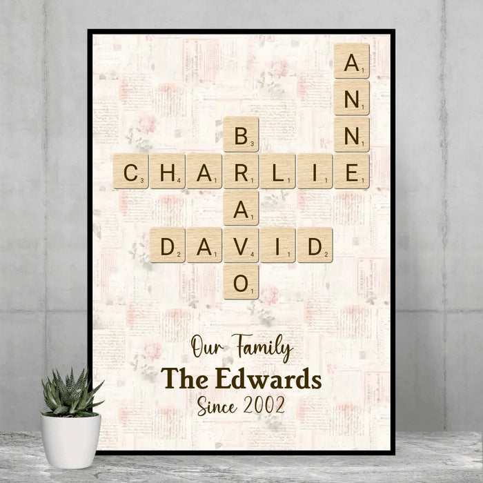 Personalized Family Crossword Poster, Custom Family Scrabble Poster, Scrabble Wall Decor, Family Names