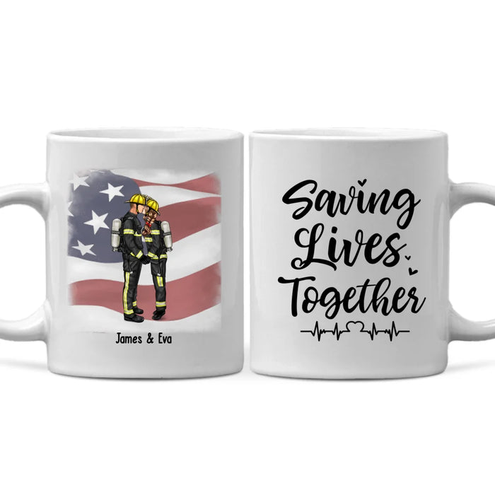 Personalized Saving Lives Together Mug, Custom Kissing Couple Mug, Gift for First Responders Police Firefighter Nurse Doctor Ems Military Couples