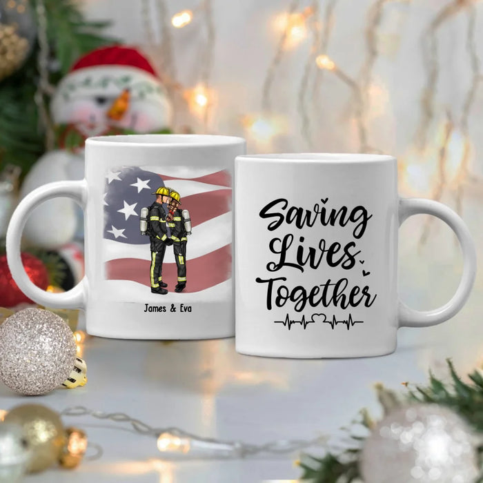 Personalized Saving Lives Together Mug, Custom Kissing Couple Mug, Gift for First Responders Police Firefighter Nurse Doctor Ems Military Couples