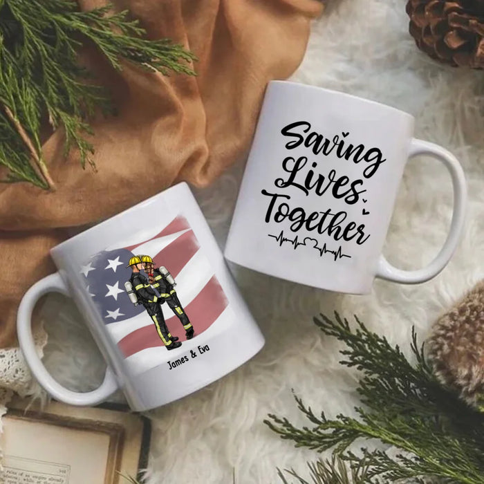 Personalized Saving Lives Together Mug, Custom Kissing Couple Mug, Gift for First Responders Police Firefighter Nurse Doctor Ems Military Couples