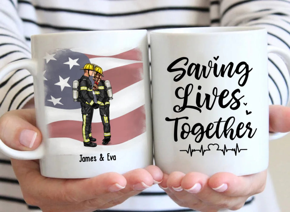 Personalized Saving Lives Together Mug, Custom Kissing Couple Mug, Gift for First Responders Police Firefighter Nurse Doctor Ems Military Couples