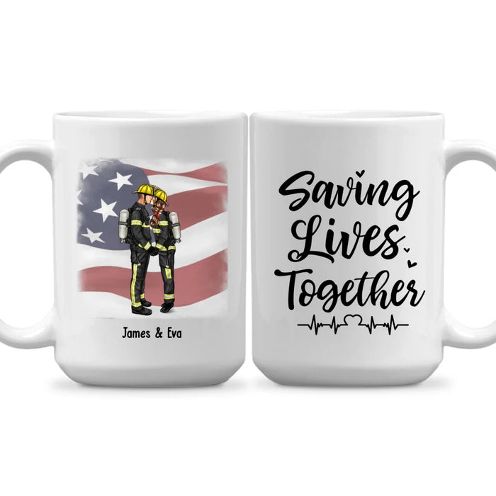 Personalized Saving Lives Together Mug, Custom Kissing Couple Mug, Gift for First Responders Police Firefighter Nurse Doctor Ems Military Couples